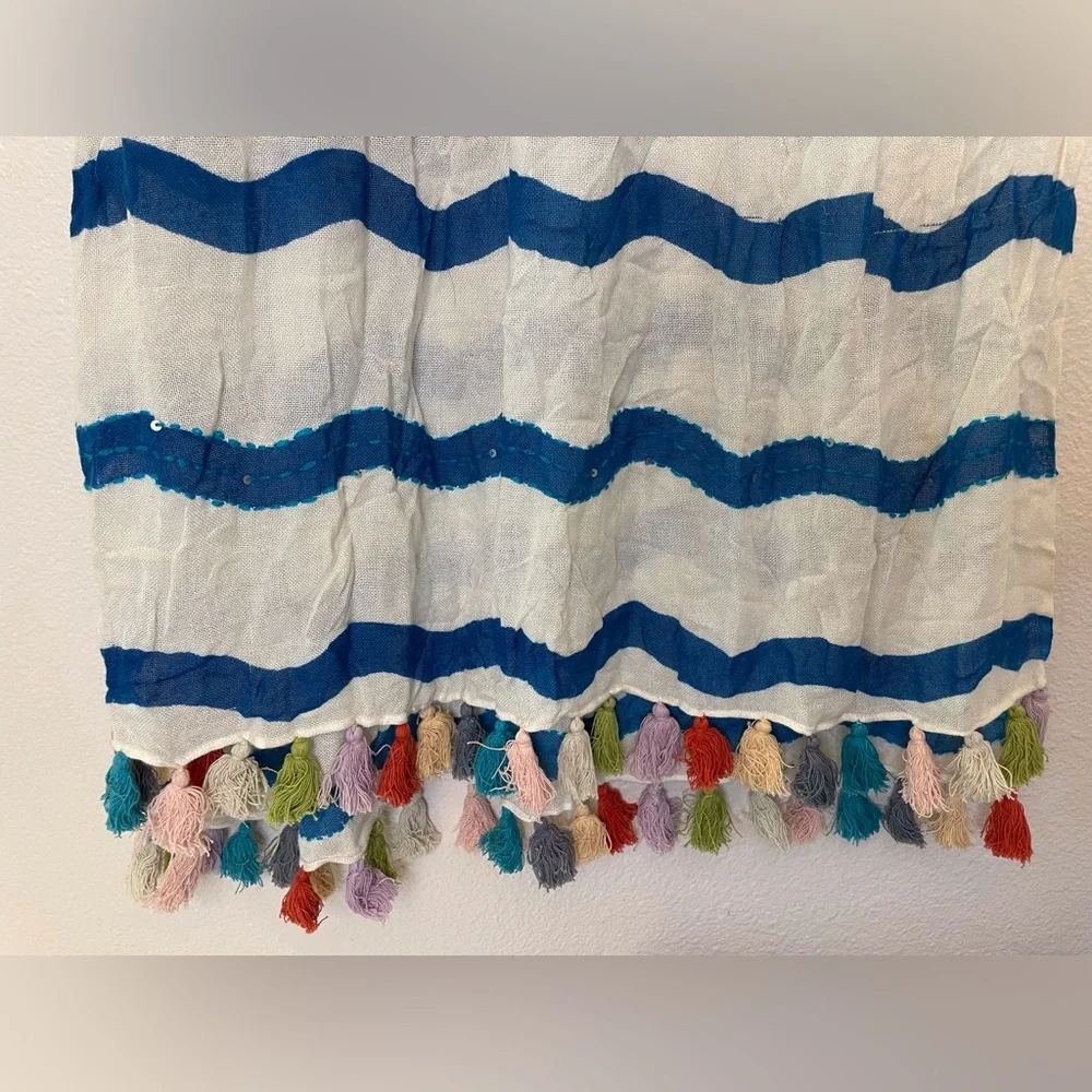 Renee’s NYC Accessories Y2K Viscose Blue and White Striped Scarf with Tassels‎